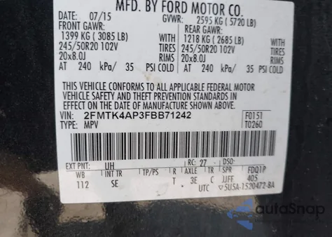 2015 Ford Edge Sport z USA, uszkodzony, nr VIN 2FMTK4AP3FBB71242